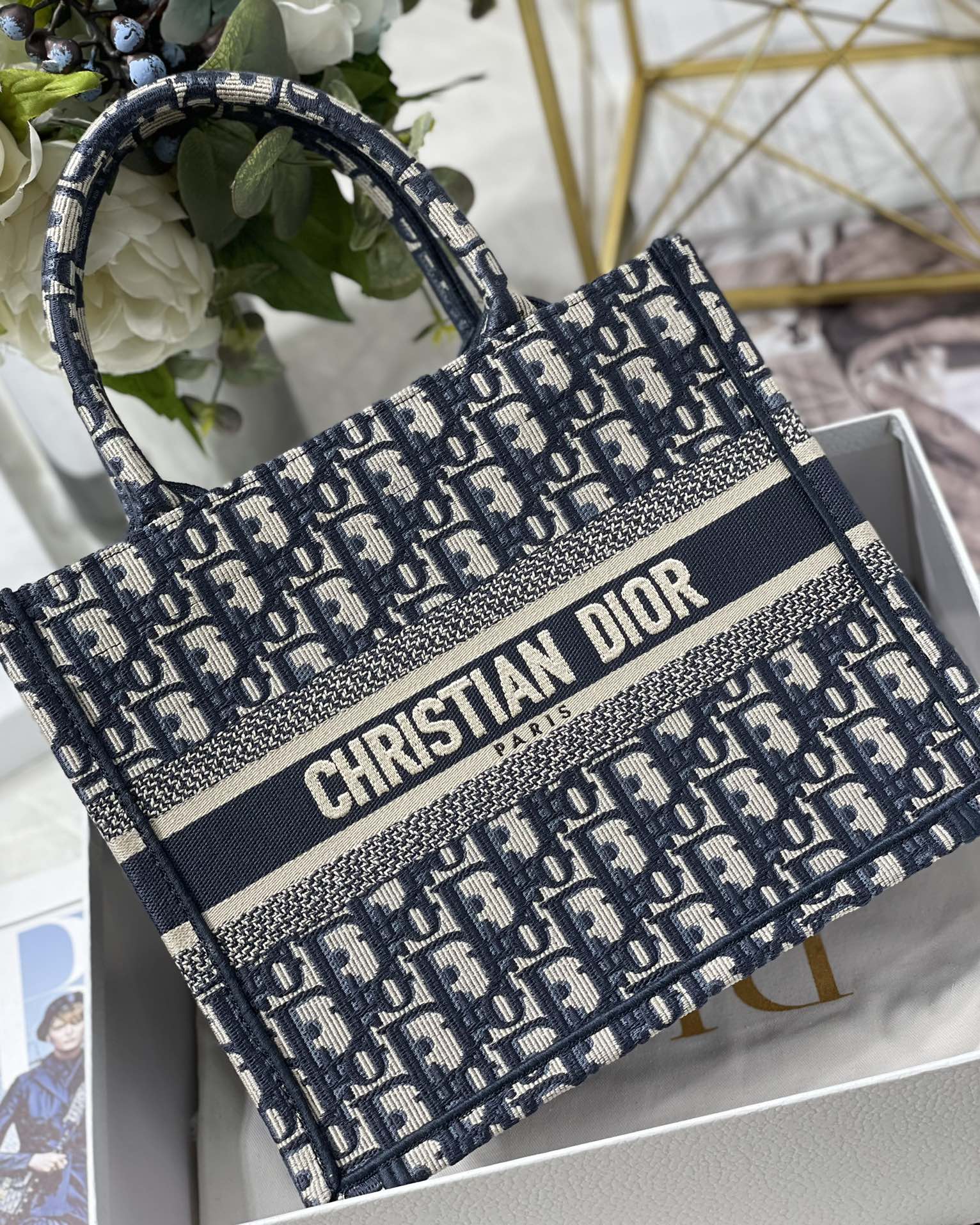 Small Dior Book Tote Bag Ecru and Blue Dior Oblique Embroidery